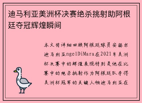 迪马利亚美洲杯决赛绝杀挑射助阿根廷夺冠辉煌瞬间 迪马利亚美洲杯决赛绝杀挑射助阿根廷夺冠辉煌瞬间
